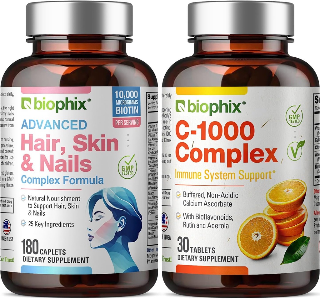 Complejo de piel de pelo y uñas 180 Caplets con 10000 mcg Biotina - Vitamina libre C-1000 30 Tabletas - Multivitamínicos soporta uñas fuertes Hermoso pelo envejecimiento saludable