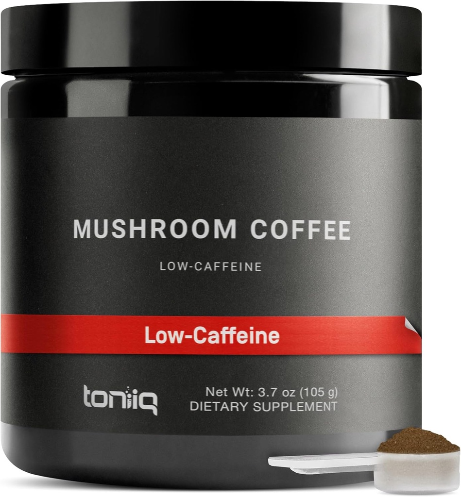 Toniiq Café de baño bajo cafeína - Extracto Concentrado Ultra High Potency 10:1 - frijoles de origen colombiano con 10 vasos de seno, Mane & Cordyceps de León - Funal Coffee Alternative
