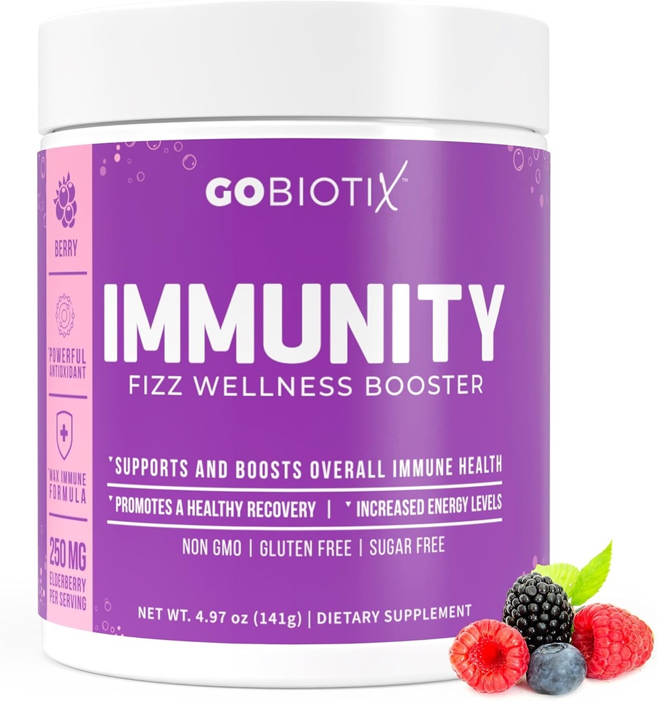GOBIOTIX Vitamina C - Immune Defense Support Suplemento - Immunity Powder Wellness Booster - Vegan Superfood - Elderberry, Turmeric, B12 Vitamin Supplement, Non-GMO and Sugar Free (Berry)