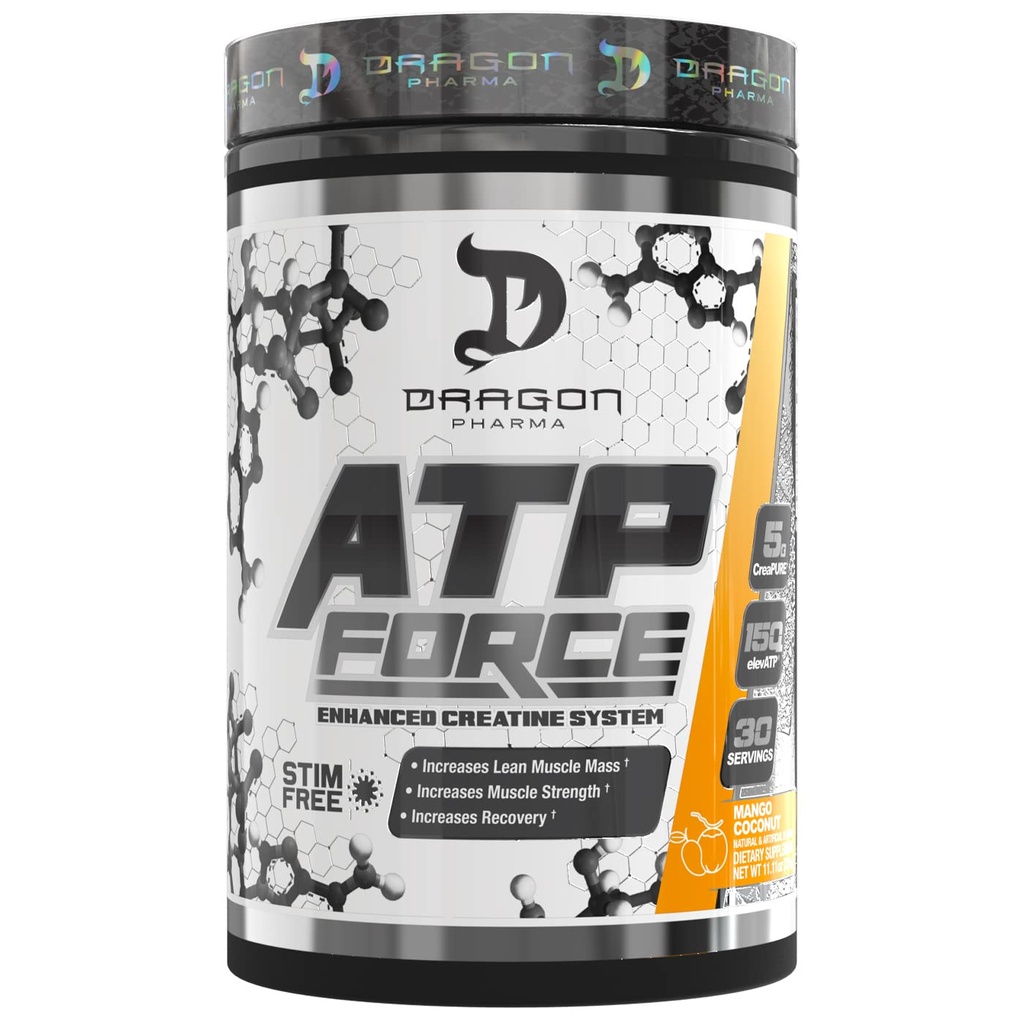 DRAGON PHARMA ATP Force Enhanced Creatine System, Stim-Free, Aumentar Masa muscular magra &amp; Recuperación, 5 Grams of CreaPure, Mejora el flujo sanguíneo (30 Servings, Mango Coconut)