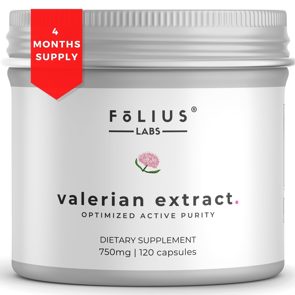 Valerian Root 4:1 Extracto Cápsulas 750mg – Optimizada Puridad Activa – 4X Concentración Valerian Root Extract Suplemento - Gluten Free, Non-GMO - Promueve Relajación - 120 Cápsulas