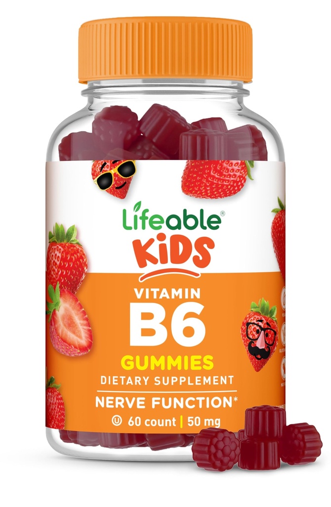 Lifeable Vitamina B6 Gummies for Kids ← Gran Tasting B6 Vitaminas 50mg ¦ Vegan No-GMO Gluten Libre Silencio para la función Nerve Apoyo ← 60 Gummies