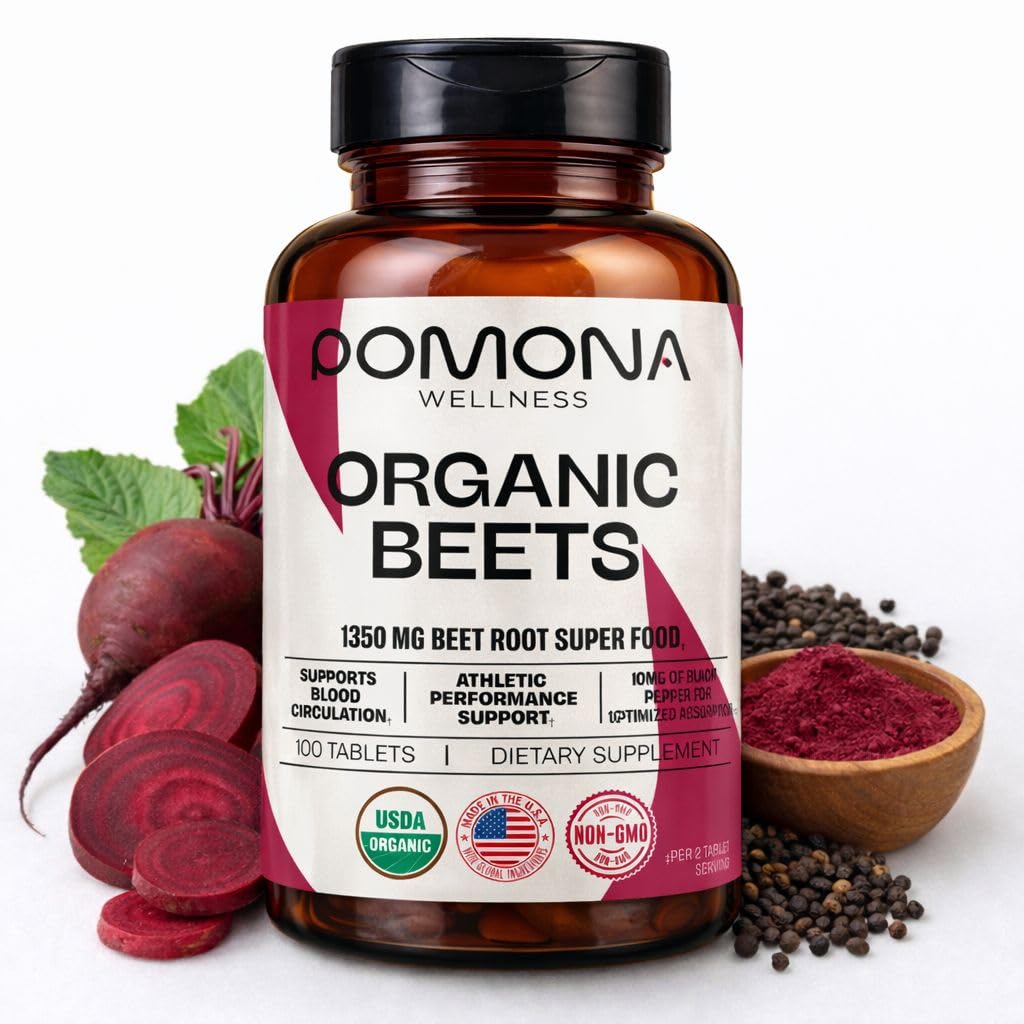 Pomona Wellness Beetroot Supplement Powder 1350mg, Supports Blood Pressure, Heart Health, Circulation, Energy ' Athletic Performance, USDA Organic, Non-GMO, Vegan, 100 Tablets