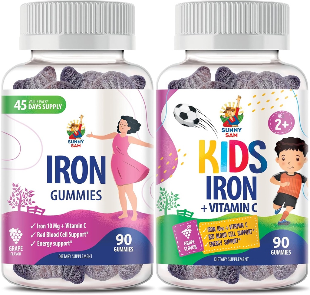 SUNNY SAM Iron Gummies for Kids & Adults - Vitaminas de hierro con vitamina C, 10 mg por servidumbre - Iron Chewable Fruit Gummy for Immune Support Red Blood Cell Production