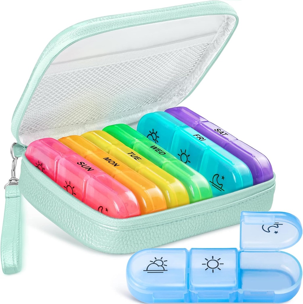 Cute Pill Organizer 3 veces al día, Gran Caja de Píldora diaria para mujeres, Caja de Píldora portátil 7 Día para el Purse con bolsa & Zipper para contener vitaminas, medicamentos, aceites de pescado, suplementos (azul marino)