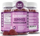 Gummies de Elderberry puramente óptimas - Suplemento de Apoyo Inmunitario con Vitamina C & Zinc, Extracto de Elderberry Ecológico Negro, Vegan, No GMO, Libre de gluten, 60 Cuenta