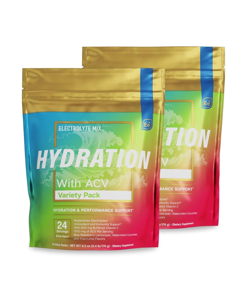 Elementos esenciales® Hydration Packets - Variedad Pack - Electrolytes Powder No Sugar - Electrolyte Drink Mix - Hidration superior con ACV &amp; Vitamina C - 48 Stick Packs