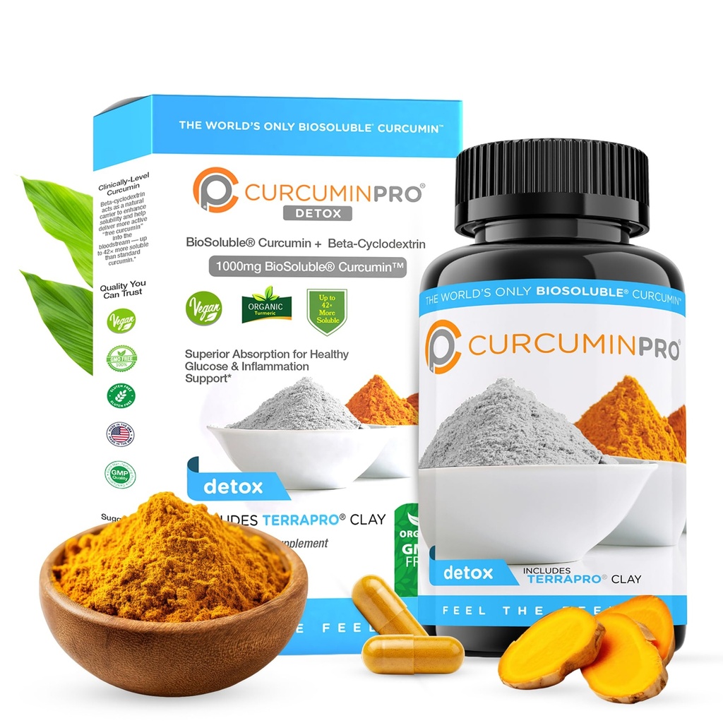 curcuminpro Detox Capsules ← Suplemento Turmérico Orgánico con BioSoluble BCD &amp; Natural Bentonite Clay TEN High Absorption Vegan Curcumin Blend for Gut and Heart Wellness 60 Count