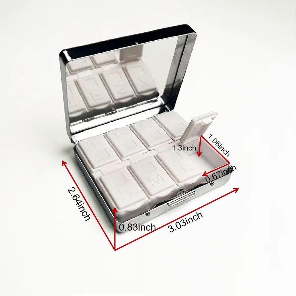 Vintage Poison 7 días cromado brillante plata Pill Organizador con espejo interior tiene 8 compartimentos separados Rectángulo 7 días Pill Box Pill Case