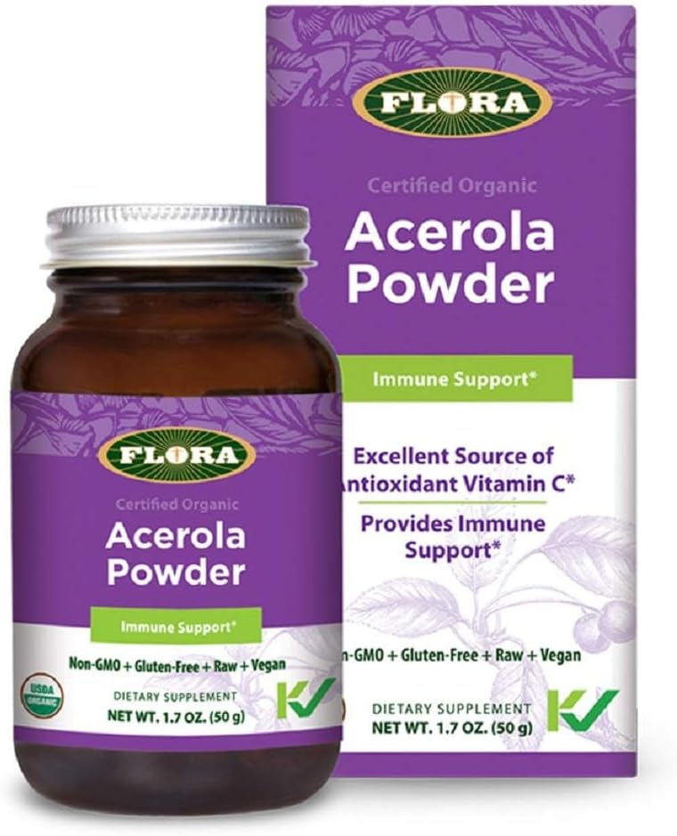 Flora - Acerola Powder, Booster diario con vitamina C, gluten libre &amp; Vegan Vitamina C Antioxidante Polvo, 1.7-oz. Botella de vidrio