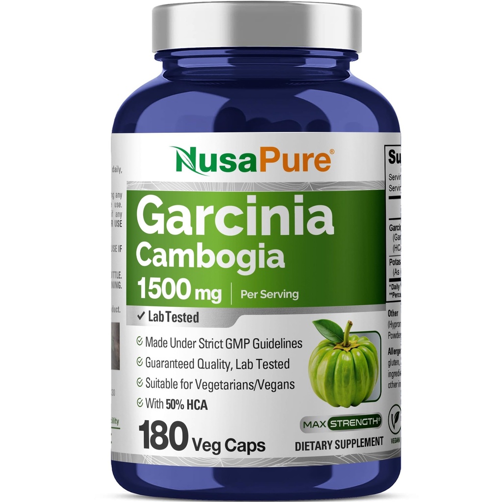 NusaPure Garcinia Cambogia 180 Veggie Capsules 1500mg (Vegetariano, No GMO, Vegan)