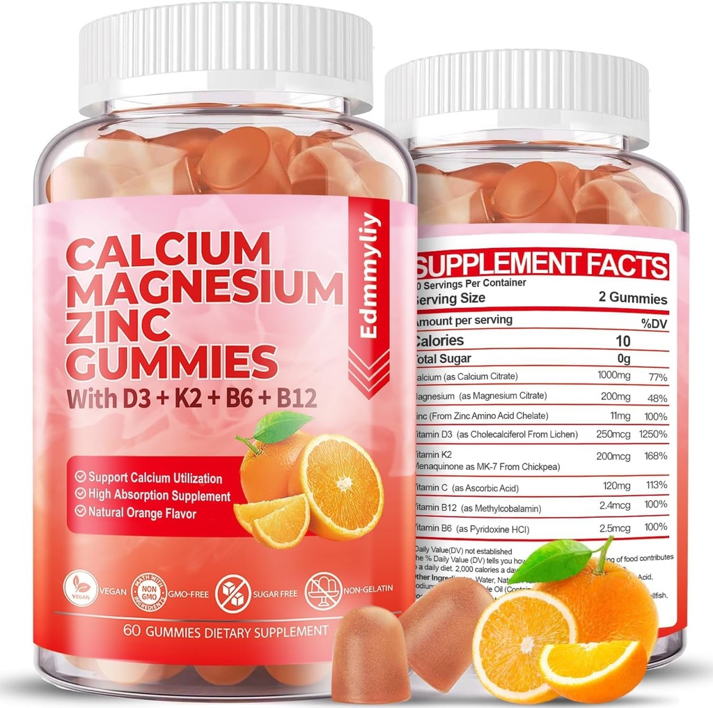 Suplemento de magnesio de zinc de azúcar con vitamina D3 & B12 para mujeres y hombres de alta absorción Suplemento de magnesio de calcio para soporte de inmuno (120 condes)