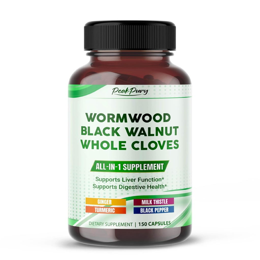 All-in-1 Wormwood Black Walnut Whole Cloves Ginger - Supports Liver Health &amp; Aids Digestion - Made in The USA -150 Capsules