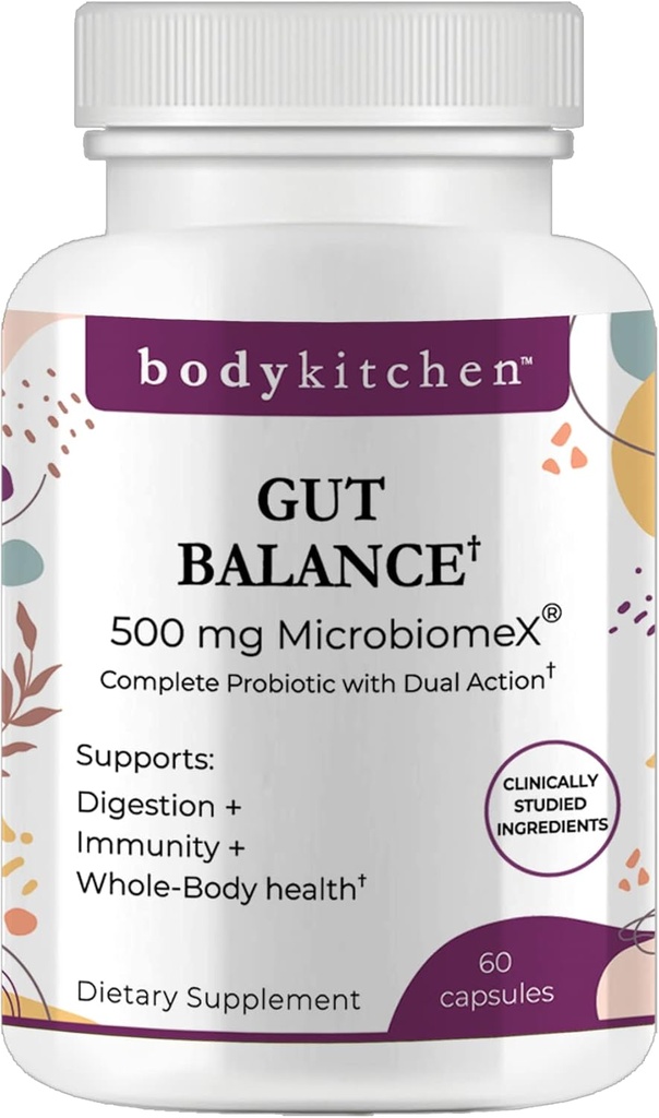 Body Kitchen Gut Balance Suplemento Probiótico Completo, soporta la digestión, la inmunidad y la salud corporal completa, los ingredientes estudiados clínicamente, hechos en EE.UU., Veggie Caps, 60 cuenta