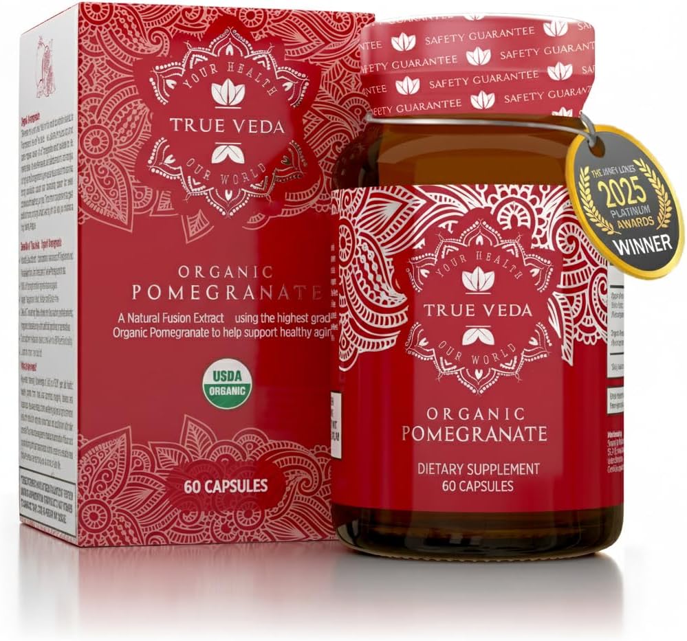 Suplemento de Extracto Pomegranado - Ácido Ellagico, Punicalagins Altos TENIDO USDA Suplemento Orgánico Certificado Pomegranado Silencioso de Frutas Pomegranadas, Semillas y Extracto de Peel 60 cápsulas de granada Vegana