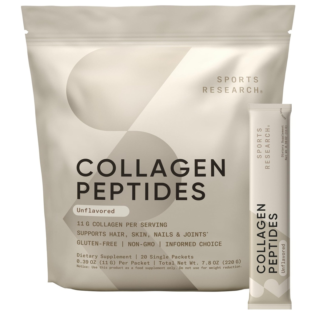 Sports Research Collagen Peptides - Hydrolyzed Type 1 & 3 Collagen Powder Protein Supplement for Healthy Skin, Nails, & Joints - Easy Mixing Vital Nutrients & Proteins, Collagen for Women & Men