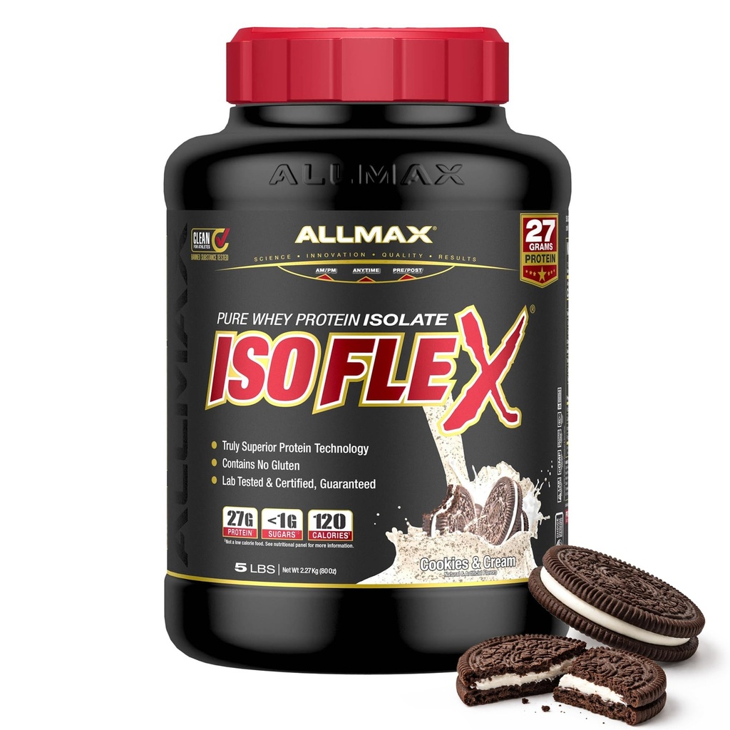 ALLMAX Nutrition - ISOFLEX Whey Protein Powder, Whey Protein Isolate, 27g Protein, Cookies &amp; Cream, 5 libras