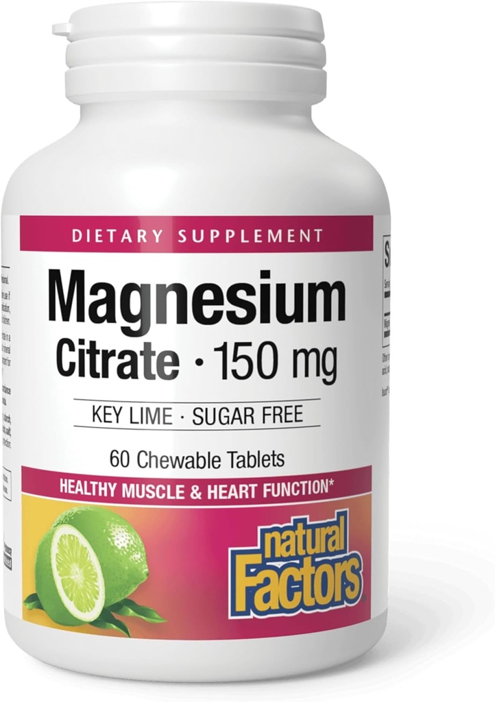 Factores Naturales Citrato de magnesio, 150 mg, Tablas Chewable, Soportes Nerve, Muscle y Función del Corazón, Limo Clave, Sugar Gratis, 60 Cuenta