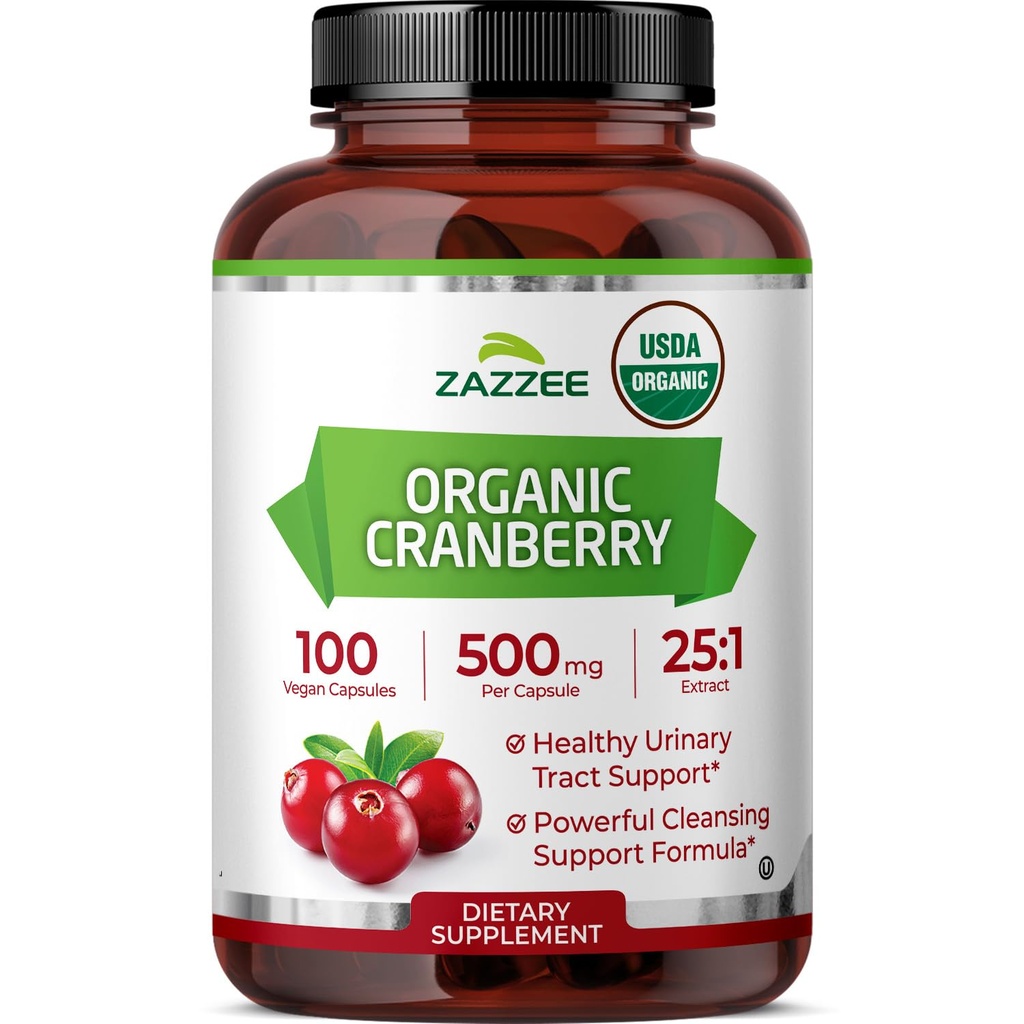 Zazzee USDA Organic Cranberry 25:1 Extracto, 500 mg por Cápsula, 100 Cápsulas Vegan, Más de 3 Mes de Suministro, Estándarizado, Concentrado 25X Extracto, 100% Vegetariano, Certificado Orgánico, No GMO Todo-Natural
