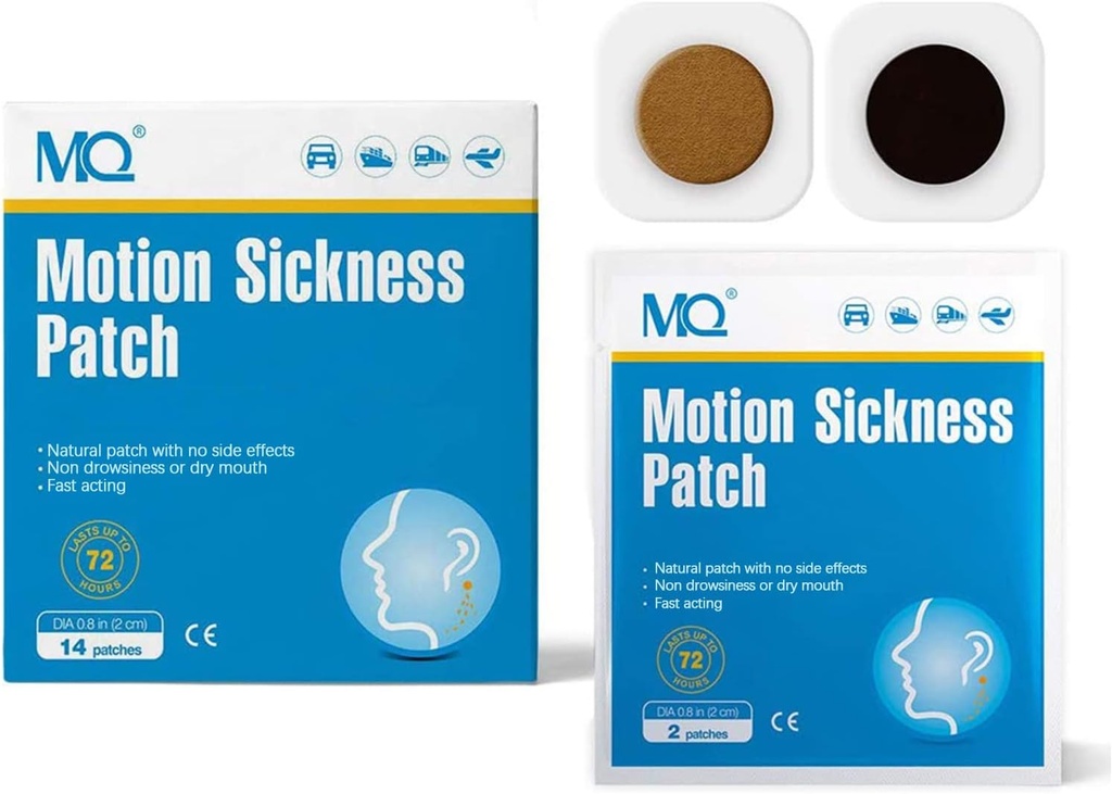 MQ 42ct Motion Sickness Patches Non Drowsy, Sea Sickness Patches for Cruise Travel Essentials, Waterproof Patch Behind Ear for Car Airplane Altitude Sickness, Long Last 72H