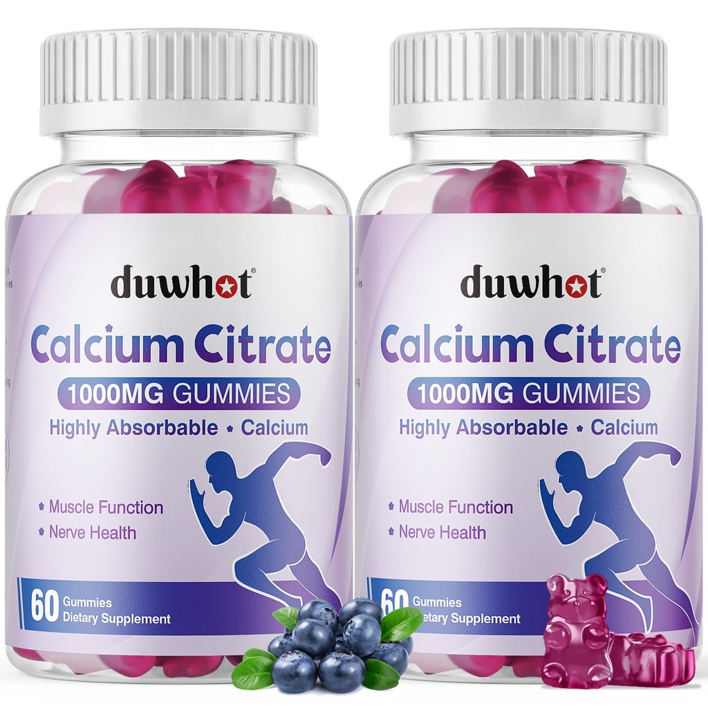 duwhot Calcium Citrate Gummies, Chewable Calcium 1000mg for Women, Men Kids | High Absorption Calcium Minerals Supplements for Bone, Muscle & Immune Support, Blueberry Flavor, Vegan, Organic, 120 Chews