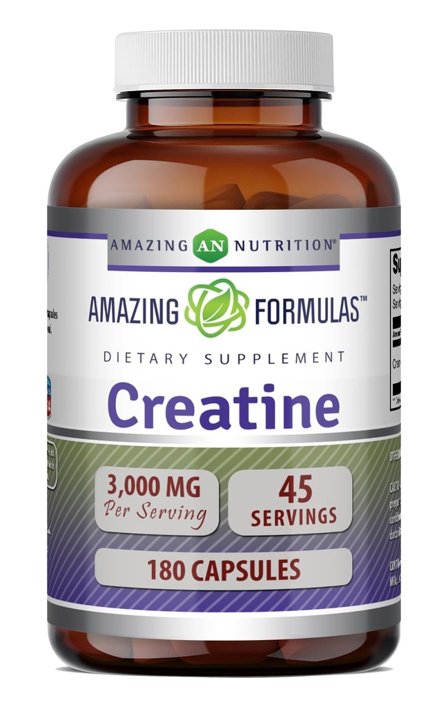 Amazing Formulas Creatine Monohydrate Amino Acid Supplement TEN 3000 Mg per Serving TEN 180 Capsules ← No-GMO TEN Gluten-Free TEN Made in USA