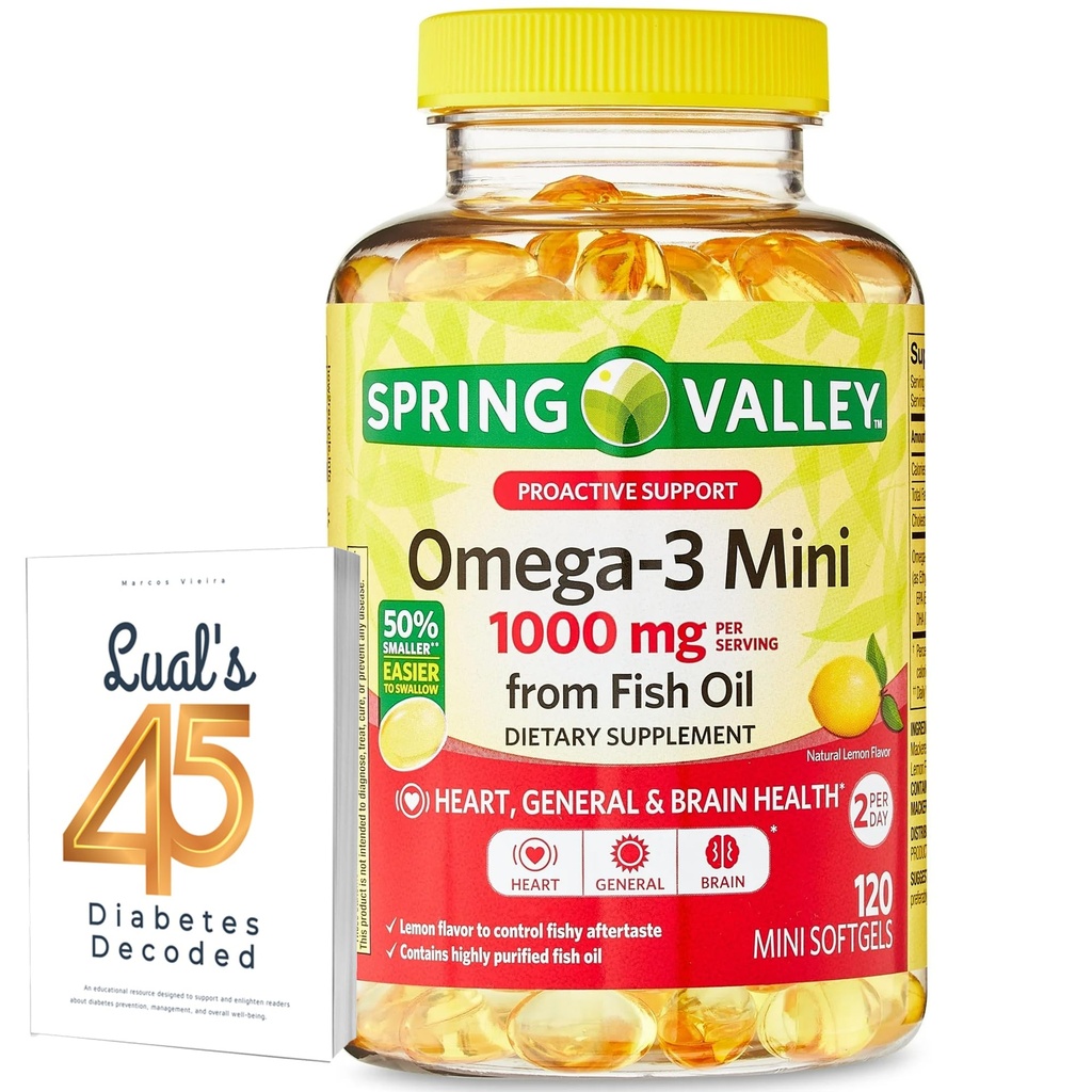 Spring Valley Omega-3 Mini de Fish Oil 1000 mg, 120 Conde, Suplemento dietético, Omega 3 Mini Softgels Bundle con 45 Diabetes de Luall Decodificado