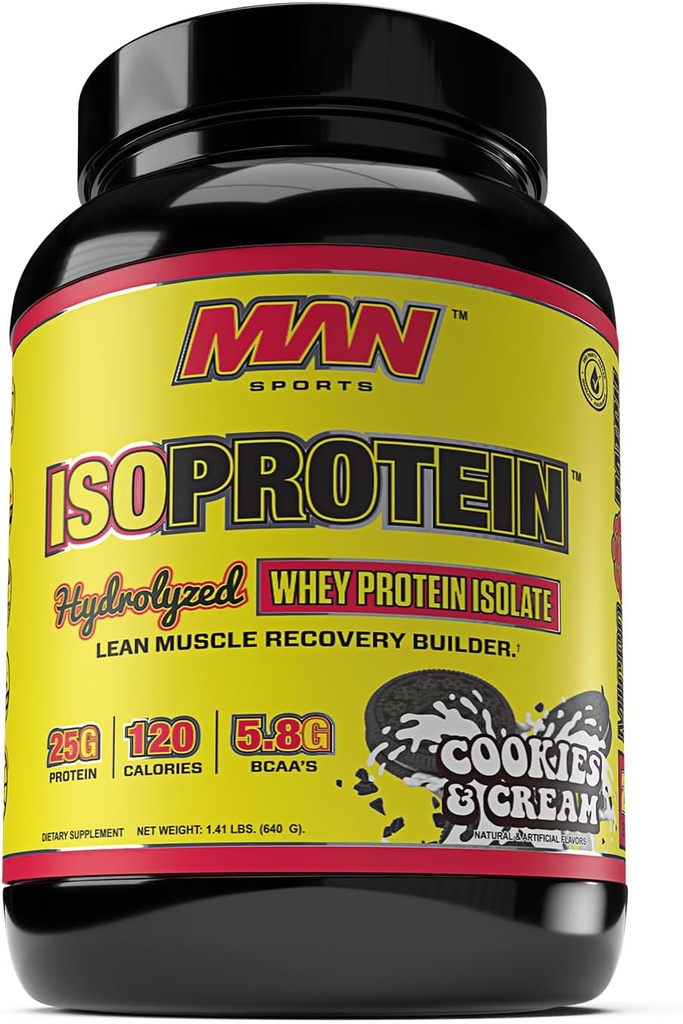 MAN Sports New Flavor ISO-Protein Hidrolyzed 100% Pure Whey Protein Isolate Powder, Cookies y Crema, 1.42 libras (20 días de suministro)