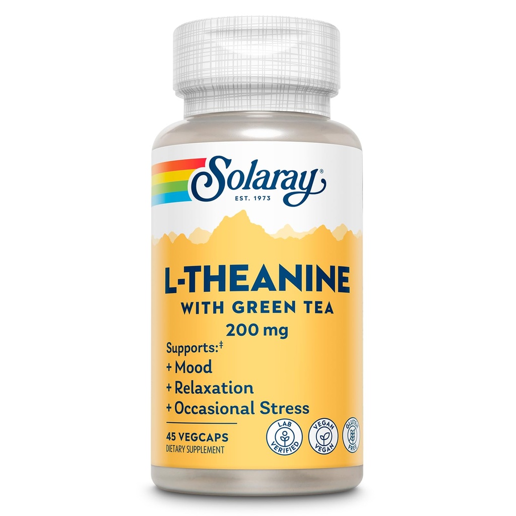 SOLARAY L-Theanine 200mg con té verde - Modo saludable, relajación y estrés ocasional Apoyo - Lab Verificado, Vegan, Gluten Gratis - 45 Servimientos, 45 VegCaps