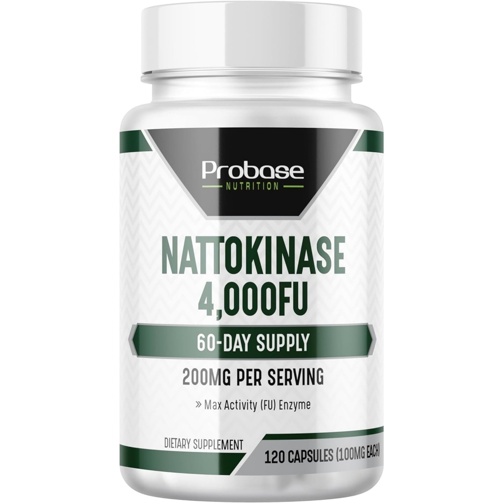 Probase Nutrition Nattokinase Suplemento 4,000 FU Servings, 120 Capsules (Derivado de Natto japonés) Enzimas sistémicos para soporte cardiovascular y circulatorio