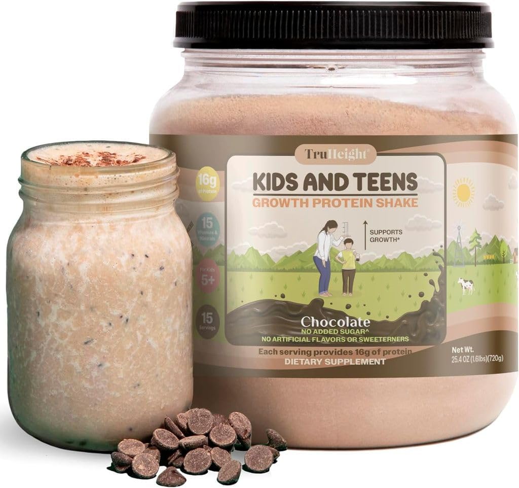 TruHey Crecimiento Protein Shake (Chocolate Milk Flavor, Whey) Crecimiento Natural & Desarrollo Pólvora de proteínas para niños y adolescentes - Bebidas de ganancia de peso - Adornada por pediatras, Vitamina del comedor de Picky, Edades 4+