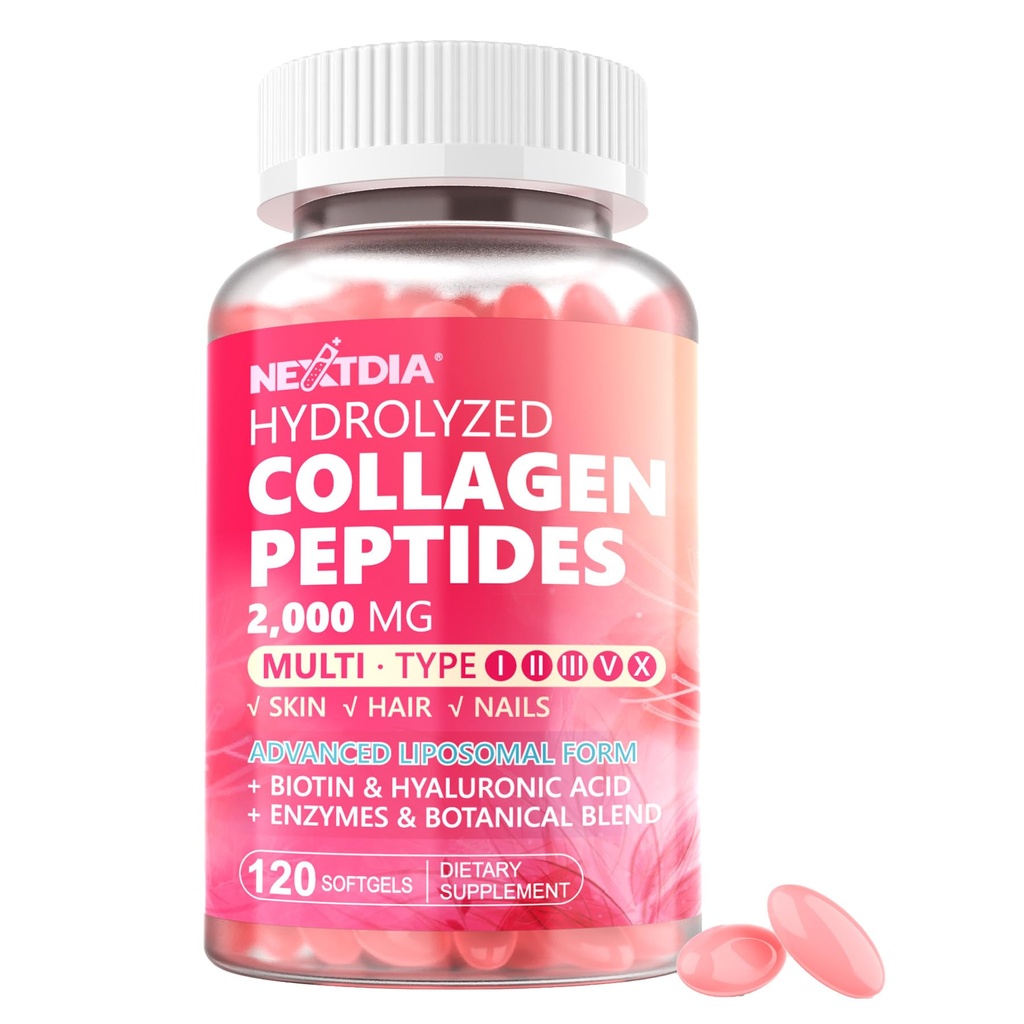 Píptidos de colágeno hidrolizado para mujeres 2000mg Forma Liposómica Tipo I, II, III, V, X para absorción óptima, Softgels multi colágeno, Suplementos de colágeno con cabello, piel y uñas Vitaminas 120 Cts