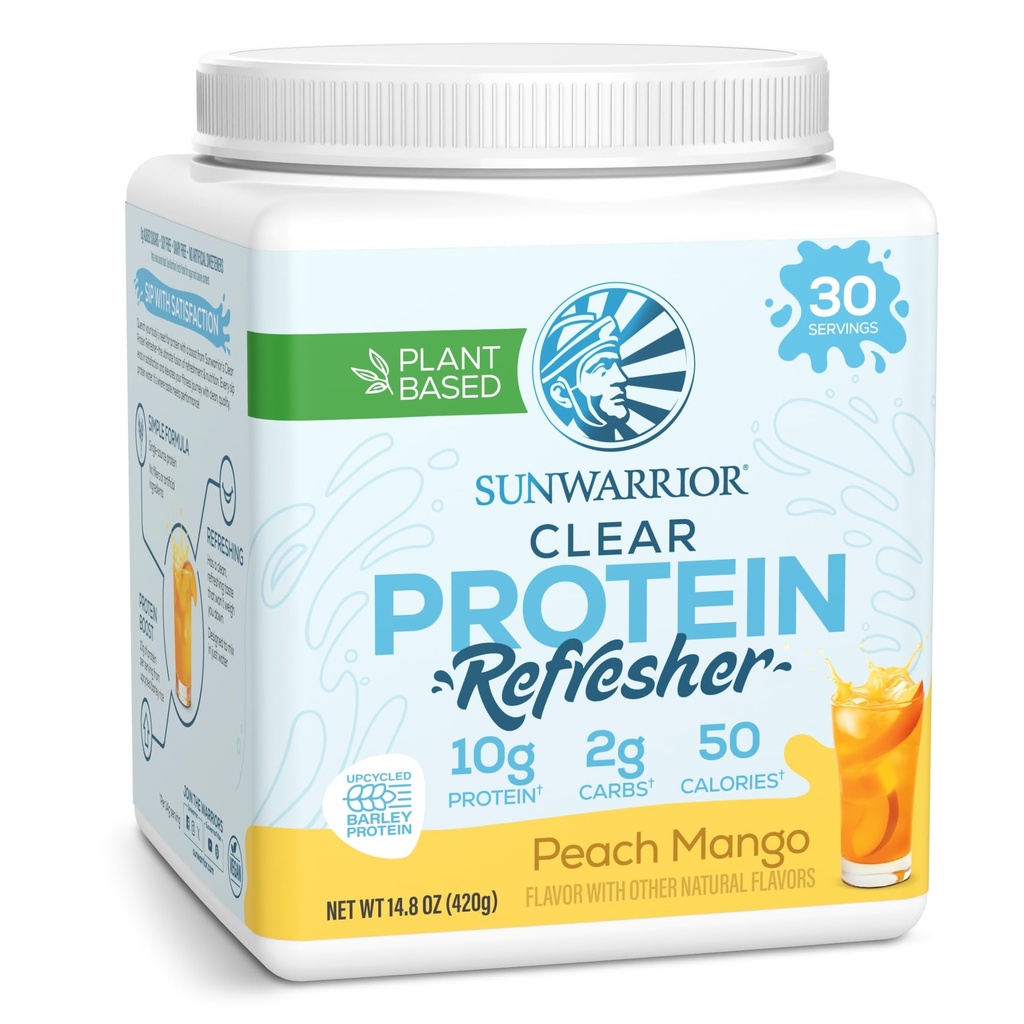 Sunwarrior Clear Protein Powder Plant-Based Water Mix, Vegan y Refreshing Protein and Hydration Supplement 10g Por Serving Peach Mango Flavored 420g Tub 30 Servings