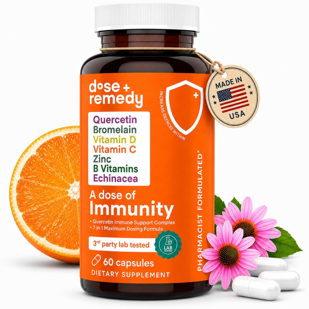 Una dosis de quercetina de inmunidad con vitamina C y zinc, vitamina D, 500 mg de quercetina Bromelaina con vitaminas Echinacea &amp; B, Lung Immune Support Suplemento 7 en 1 Booster de Defensa de inmunidad (60 Conde)