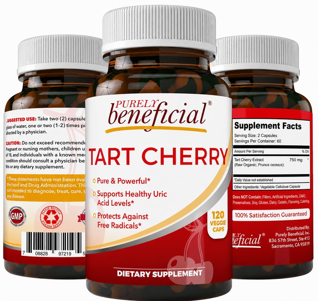 PURELY beneficioso Tart Cherry Capsules 6000 mg, Extra Strength Montmorency Tart Cherry Extract, Uric Acid Flush for Joint Comfort, Antioxidant & Immune Support, Non-GMO, Gluten Free, 120 Count