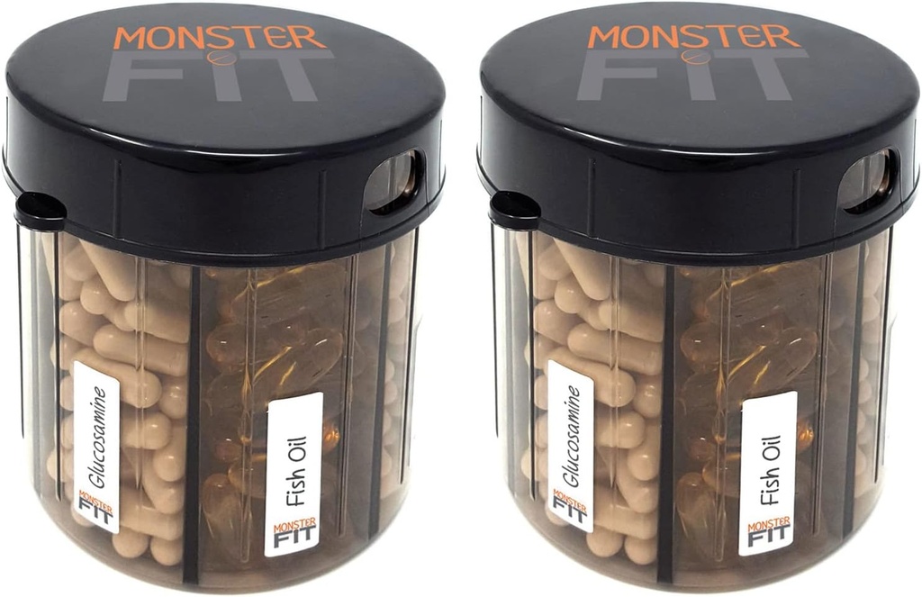 Monster Suplemento dispensador de la pila de medicamentos con etiquetas departamento - Extra Large Pill Container Bottle Handles Casi cualquier suplemento - Fácil de dispensar (Monster Fit - 2 Pack)