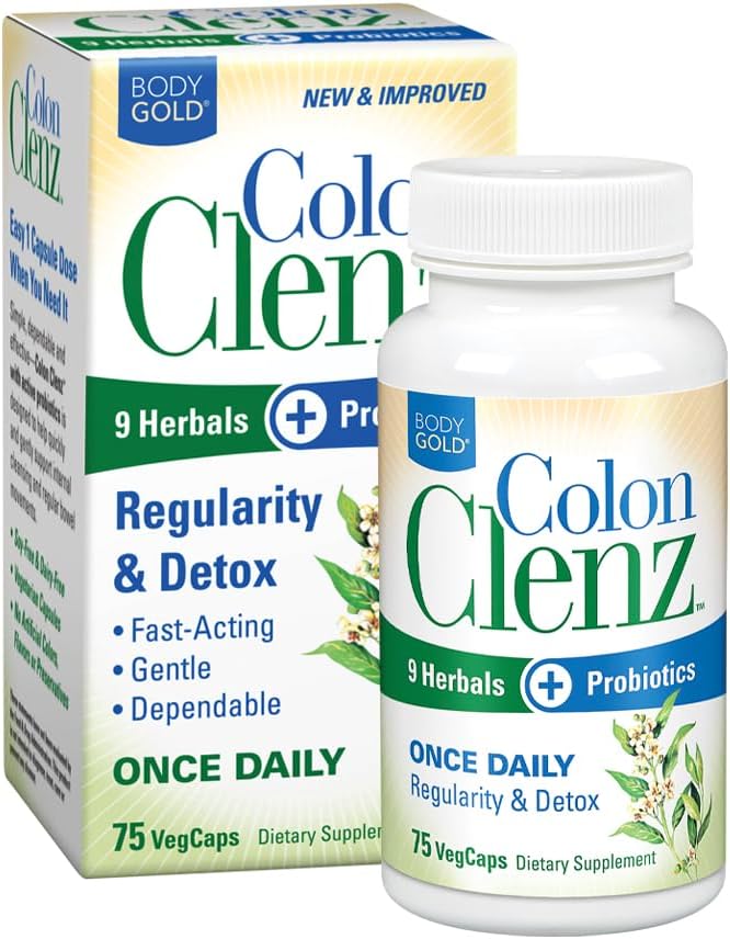 Body Gold Colon Clenz Regularity " Detox Fórmula tóxica Una vez Daily Support con 9 hierbas + Probióticos activos TEN 75 TC