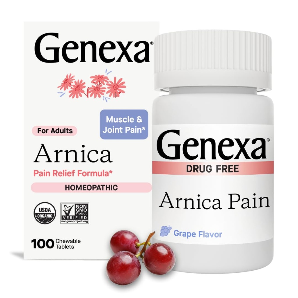 Genexa Arnica for Pain Relief ¦ Alleviate Muscle & Joint Pain, Soreness & Stiffness  Reduce Bruises &amp; Swelling ← Orgánica Grape Flavor TEN Homeopathic Remedy Made Clean TEN 100 Chewable Tablets