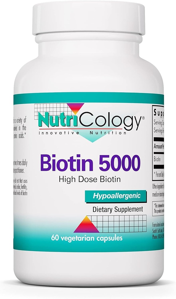 Nutricology Biotin 5000 Supplement - 5000mcg Biotin, Vitamins for Hair, Skin and Nails, High Dose, Vegetarian Capsules, Hypoallergenic, Gluten Free - 60 Count
