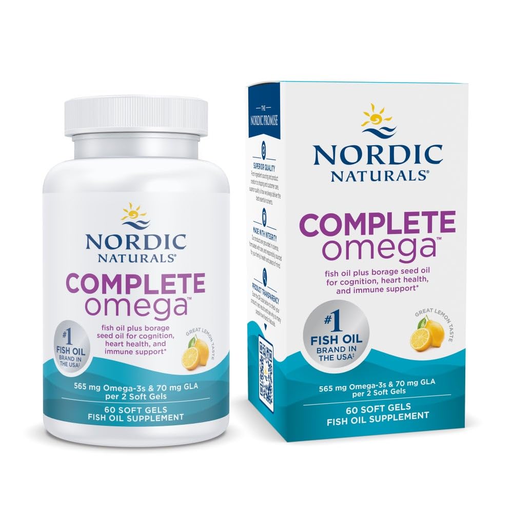 Naturales nórdicos Omega completo, sabor de limón - 60 geles blandos - 565 mg Omega-3 - EPA &amp; DHA con añadido GLA - Esquí saludable, Cognición, Mood positivo - No GMO - 30 Actuaciones