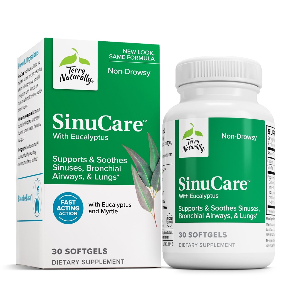 Terry Naturalmente SinuCare - 320 mg Eucalyptus & Myrtle Oil Complex, 30 Softgels - Sinus, Lung &amp; Bronchial Support Supplement, Non-Drowsy - Non-GMO, Gluten-Free - 15 Servings