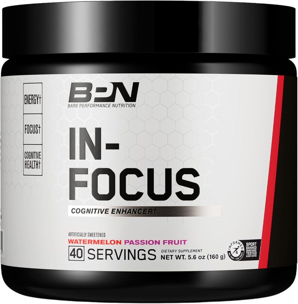 BARE PERFORMANCE NUTRITION, BPN in-Focus Brain Support Suplemento, Mejora Focus & Energy, Alpha GPC, Watermelon Passionfruit, 40 Servings