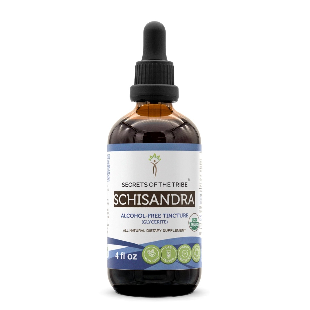 Secretos de la Tribu Schisandra USDA Orgánica tención Extracto libre de alcohol, gotas herbales de alta potencia ← Hecho de 100% certificado orgánico Schisandra (Schisandra Chinensis) Berry seco 4 oz