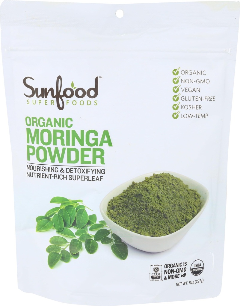 Sunfood Moringa Powder, Orgánico. Uso para la pérdida de cabello, pérdida de peso. Pure Single Ingredient Product. 8 oz Bag