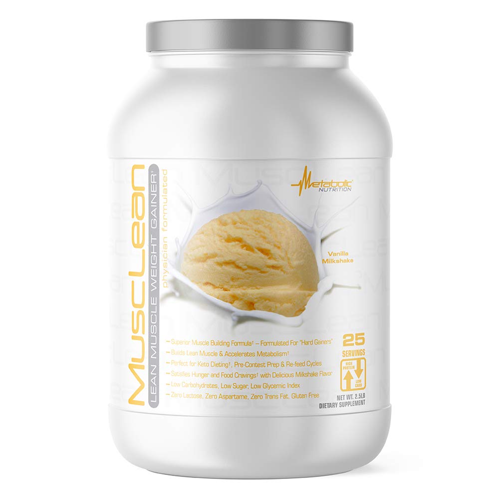 Nutrición metabólica - Musclean - Milkshake Weight Gainer, Whey High Protein Meal Reemplazo, Mantenimiento Nutrición, Baja Carb, Keto Dieta, Enzimas digestivas, Vainilla, 2,5 libras (25 ser)