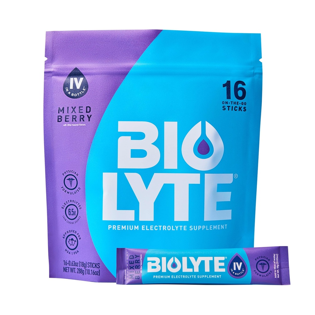 BIOLYTE IV Electrolyte Powder Packets, IV Liquid Drink Mix for Water, Doctor-Developed Hydration, HSA Approved Dehydration Relief, Chemotherapy Must Haves for Women &amp; Men - Mixed Berry (16 Sticks)