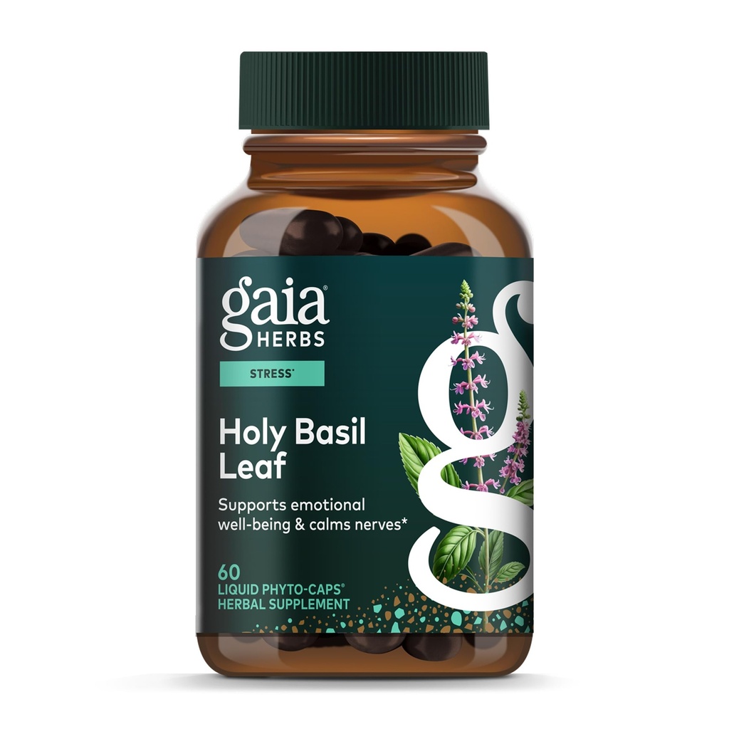 Gaia Herbs Holy Basil Leaf - Utilizado tradicionalmente para apoyar la respuesta al estrés - Adaptogenic Ayurvedic Herb* - 60 Vegan Liquid Phyto-Capsules (30-Day Supply)