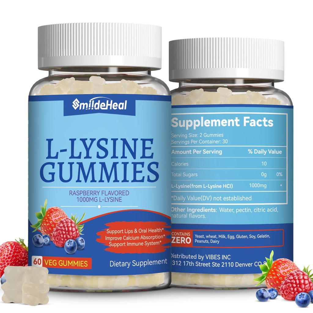 2 Pack L-Lysine 1000mg Gummies, Chewable Lysine Supplement for Adults, Immune Support, Collagen Formation Support, Non-GMO, Vegan, Gluten Free - 120 Condes