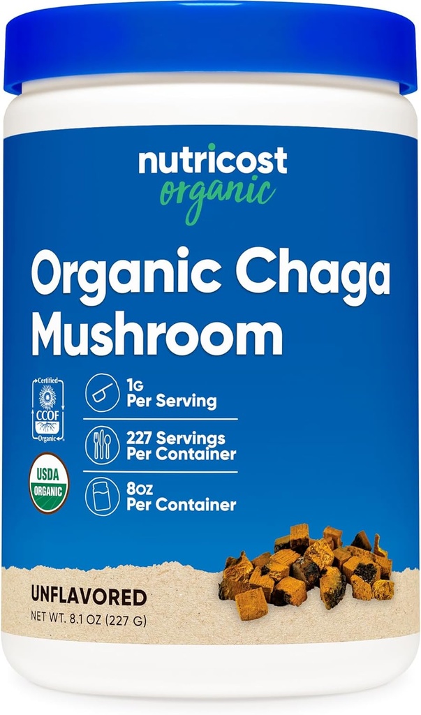 Nutricost 100% Organic Chaga Mushroom Powder 8oz (227 Servings) - Certified USDA Organic, Gluten Free & Non-GMO