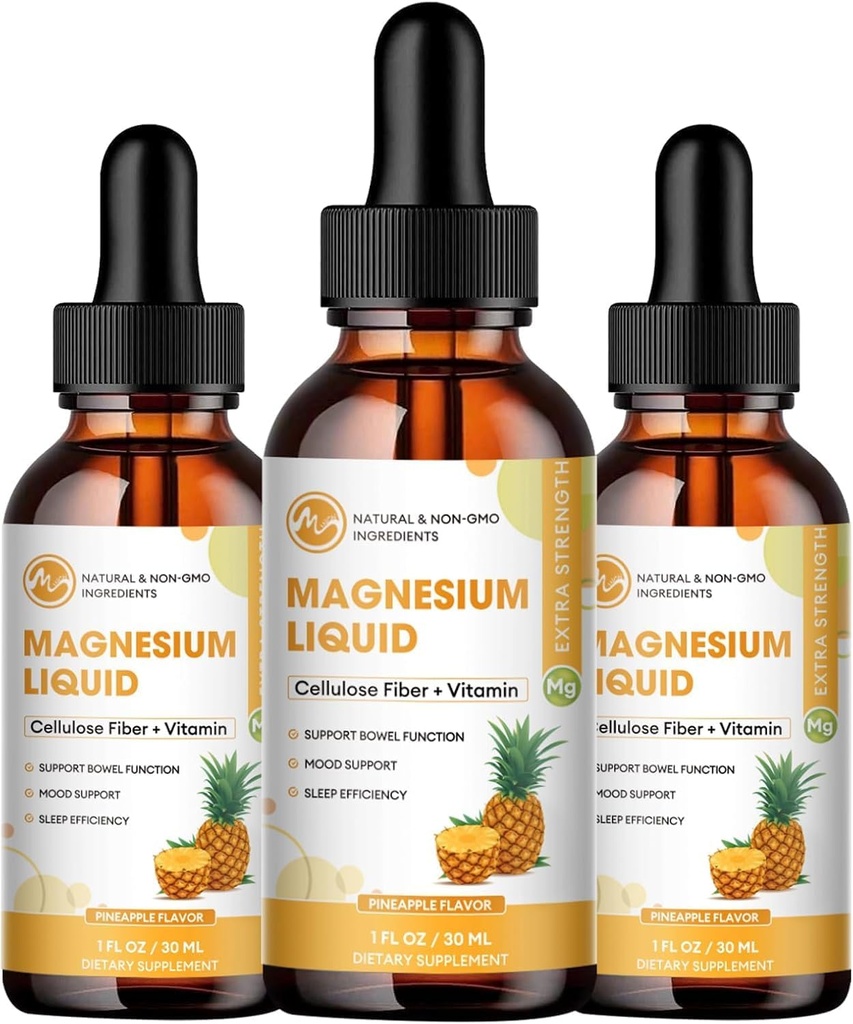 (3 Pack) gotas líquidas Glycinate de Magnesio de alta absorción líquido con bromelaina, vitamina B6 C D, suplemento de magnesio para niños y adultos, soporte nocturno y muscular, sabor a piña